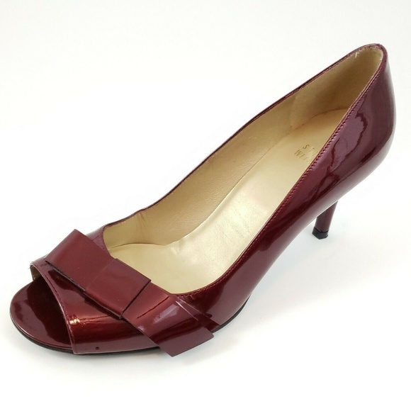 👠 Stuart Weitzman, Burgundy Bow Open-Toe Heels - Picture 2 of 10
